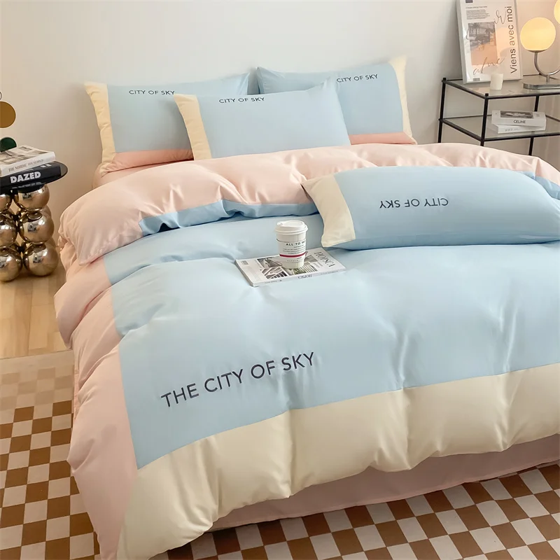 

Hot sales Pure Cotton Splicing Process Three Piece Set Four Piece Bedding Set Duvet Cover with Bed Sheet Pillow Cover Sky Blue