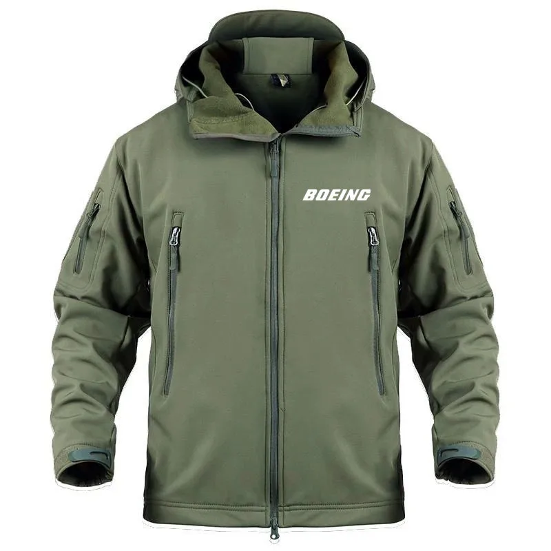 

Fleece Warm Multiple Pockets Boeing Pilots Print Zipper Hooded Travel Man Coat Jacket Military Outdoor SoftShell Jacket for Men