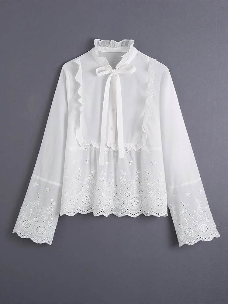 

Tops Women Blouses 2022 Fashion Frill Trim Cutwork Embroidery Hem White Blouse Ruffled Neck Tie Long Sleeve Casual Cotton Blouse