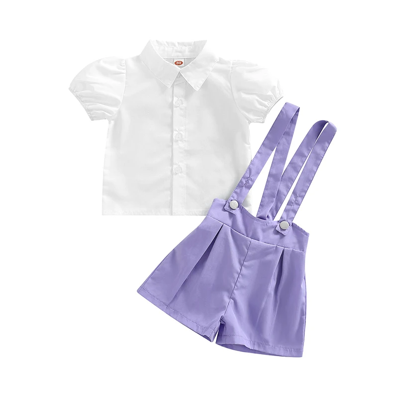 

2 Pieces Kids Suit Set Solid Color Lapel Short Puff Sleeve Button-Down Shirt+ Suspender Shorts Outfits for Summer 1-5 Years
