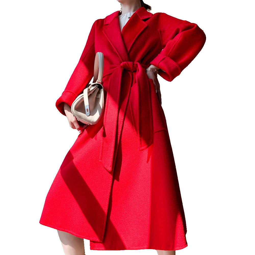 

Furyoume Autumn Winter Luxury Women Wool Coat X-long Female Jacket Water Ripple Double-side Cashmere Trench Coat With Belt Loose