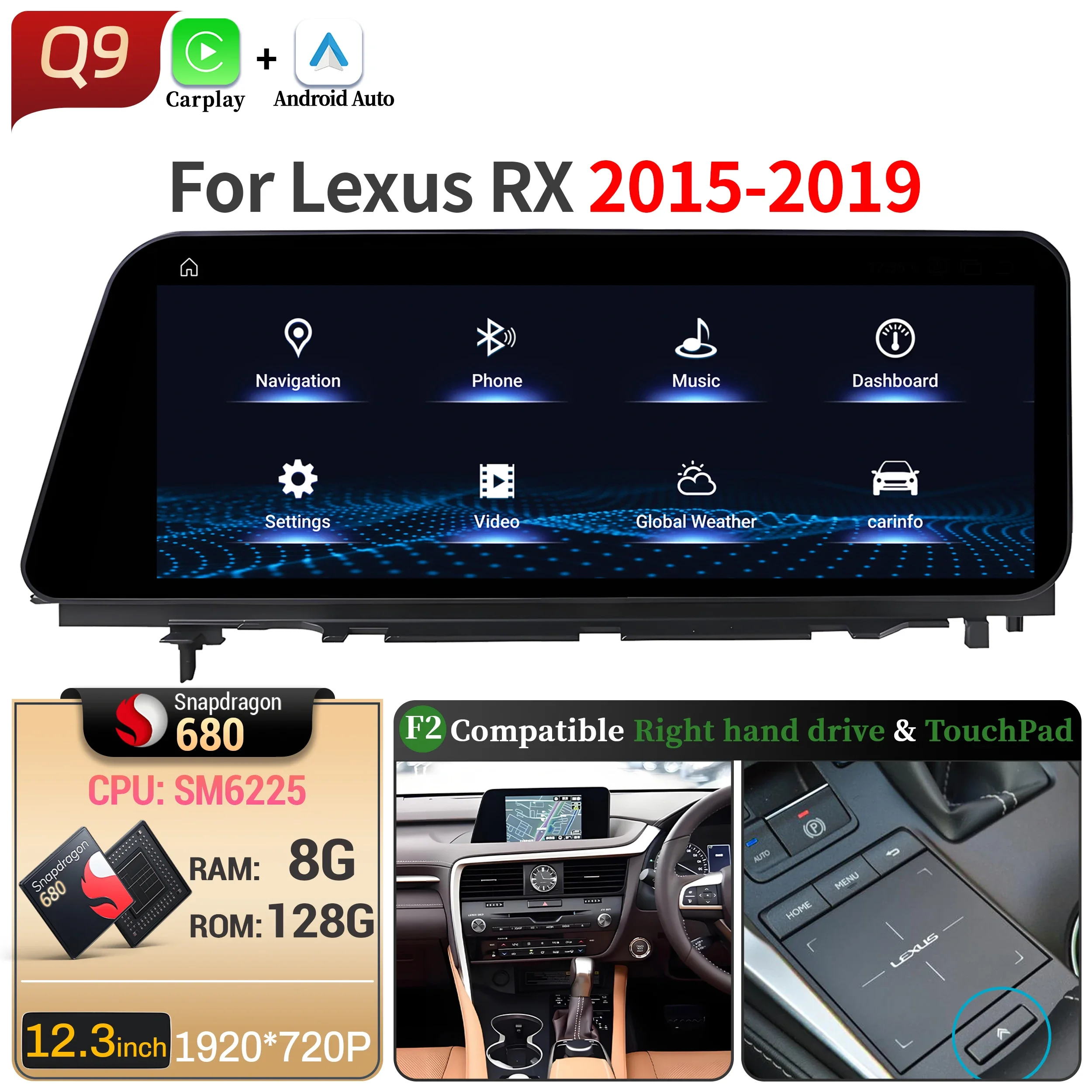

12,3 "RHD для Lexus RX RX200t Rx300 Rx350 Rx450h RX400h 2015-2019, автомобильное радио, беспроводной CarPlay, мультимедийный экран Snapdragon 680