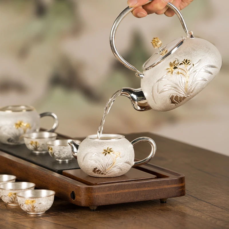 

Серебряный чайник из стерлингового серебра 999 пробы, чайник ручной работы, чистый Женский чайный набор, золотистый и серебристый чайник с ор...