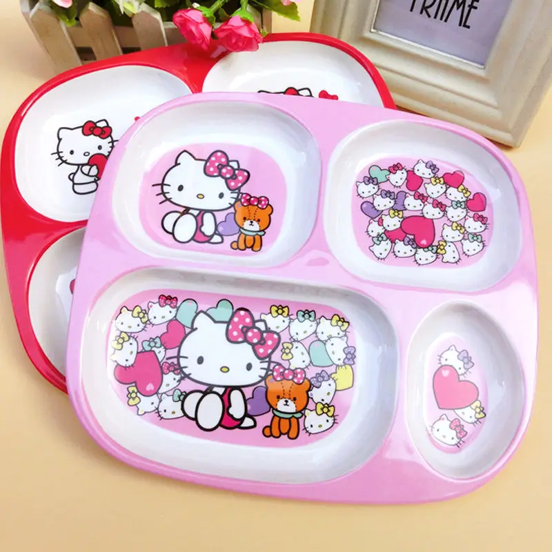 

Cute cartoon Hello Kitty children's plate divided into compartments baby plate student plate food divided into four compartments