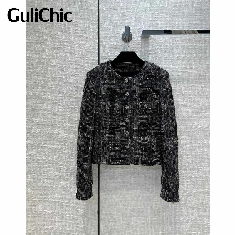 

8.5 GuliChic Women Temperament Slim Plaid Long Sleeve Rhinestone Button Tweed Jacket
