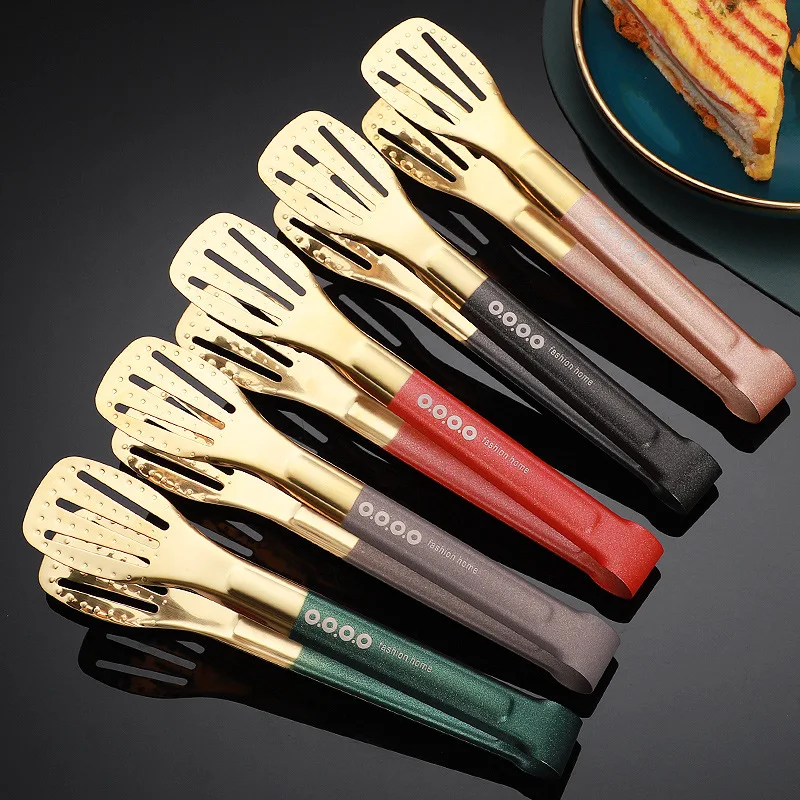 

Stainless Steel Kitchen Gold Food Tongs Dessert Salad Clip Biscuit Outdoor Gadget Barbecue Pastry Clamp Free Shipping Items