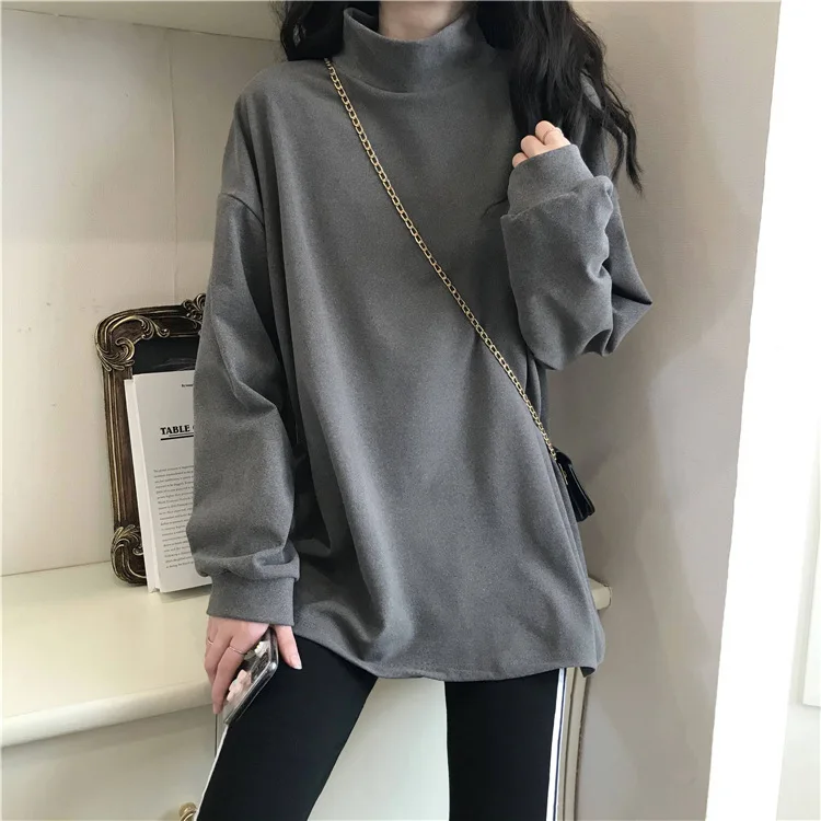 

Half High Collar Solid Color Loose Bottoming Shirt Women's Autumn and Winter Korean Version Thin Velvet Long Sleeved T-shirt TOP