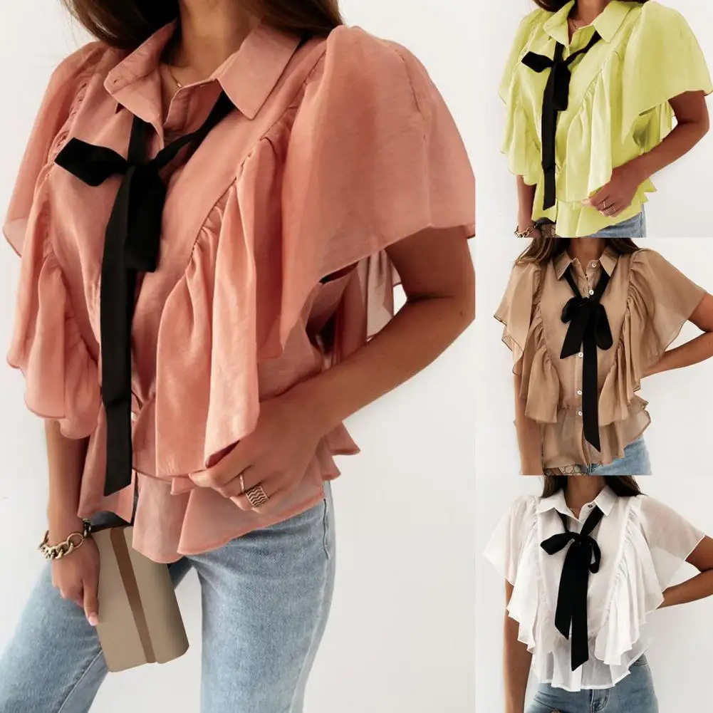 

2023 Summer Solid Lady Chiffon Shirt Blouse Women Elegant Butterfly Sleeve Tops Blusas Casual Tie-up Knot Button Ruffle Shirts