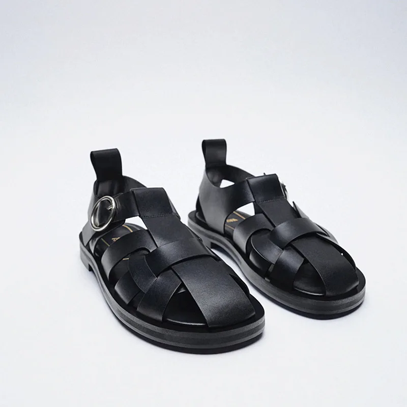 

TAFN New Women's Rome Black Sandals 2023 WSL TRFA ZA Instep Weaving Style Flat Fashion Sandals Hollowed-out Casual Shoes Lady
