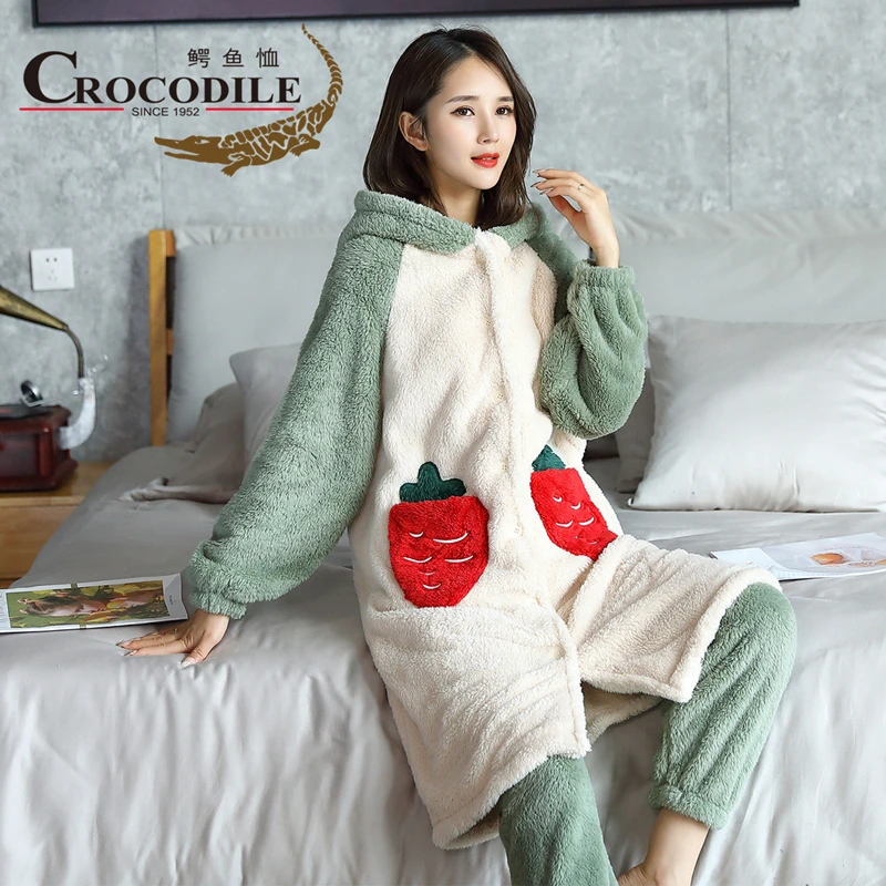 Crocodile 2022 New Winter Flannel Thick Coral Velvet Women Pyjamas Sets Cartoon Long Sleeve Green Sleepwear Cute Soft Homewear