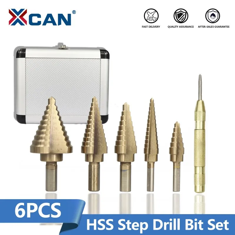 

XCAN HSS 4241 Step Cone Drill TiCN Coated 6pcs Metal Drill Bit with Center Punch Metal Hole Cutter Drilling Tool