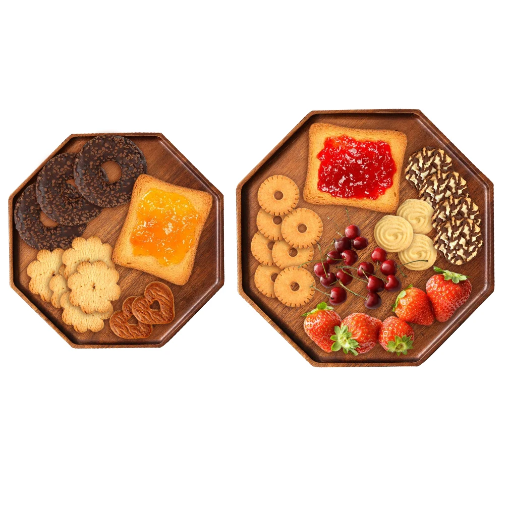 

2pcs/Set Wood Serving Trays Octagon Household Kung Fu Tea Water Cup Storage Tray Japanese Wooden Bread Food Dessert Dinner Plate