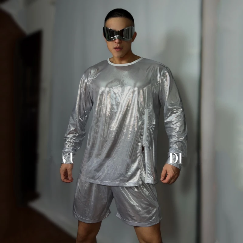 Фото Модные костюмы для джазовых танцев, мужская одежда для певицы, хип-хопа, лазерный топ, шорты для ночного клуба, DJ DS, фестивальный наряд, сценическая одежда Gogo XS7175 №2