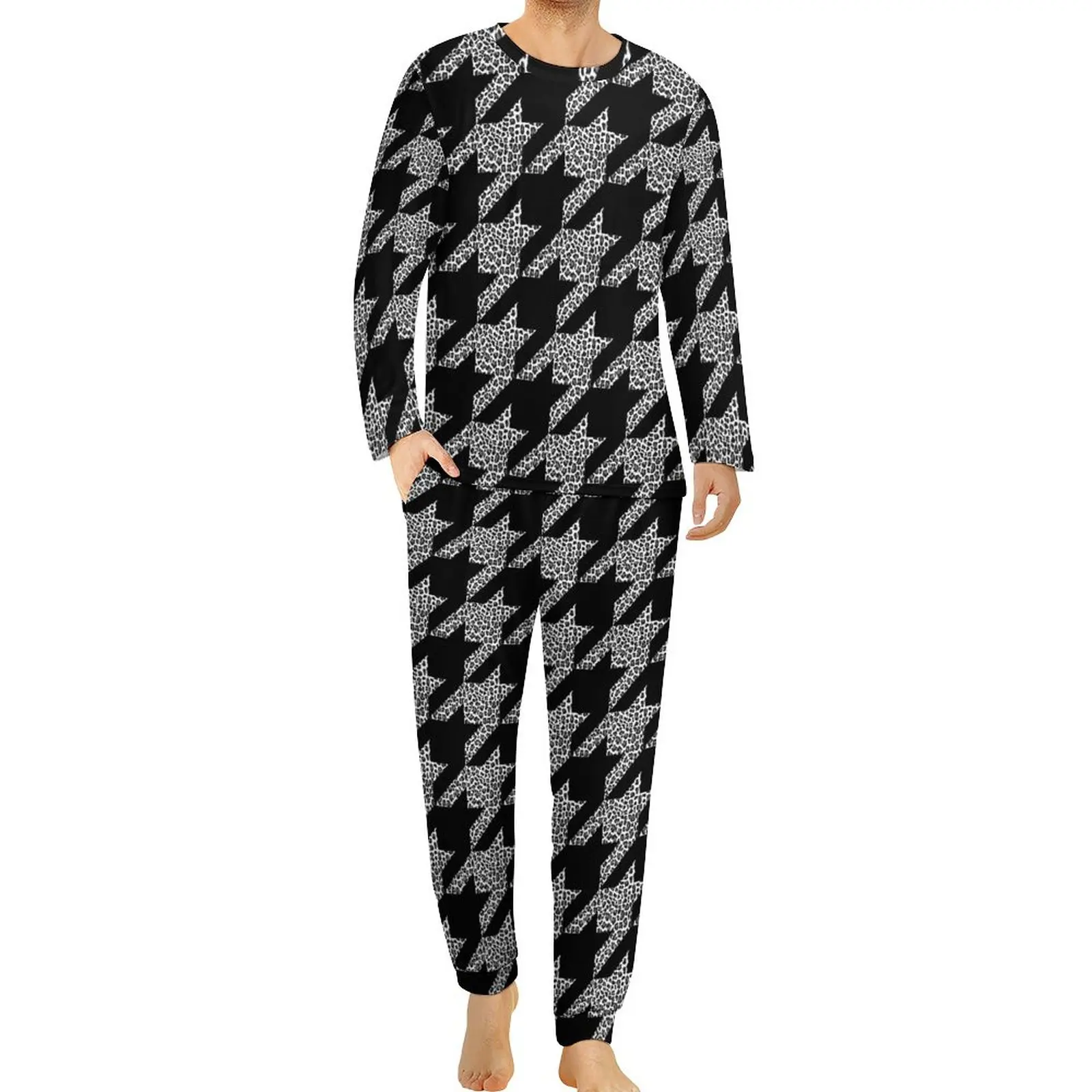 

Black Houndstooth Pajamas Cheetah Print Male Long Sleeve Kawaii Pajama Sets 2 Pieces Home Autumn Custom Nightwear Gift