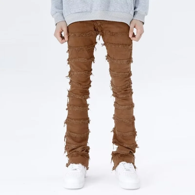 2023 American High Street Erosion Damaged Fur Vintage Jeans Men's Youth Trendy Straight Slender Slim Micro Pants Streetwear