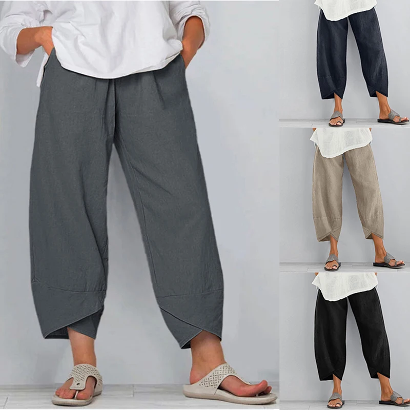 2023 Women Cotton Linen Harem Pants Summer Casual Loose High Waist Pocket Trousers Female Vintage Ankle-Length Wide Leg Trousers