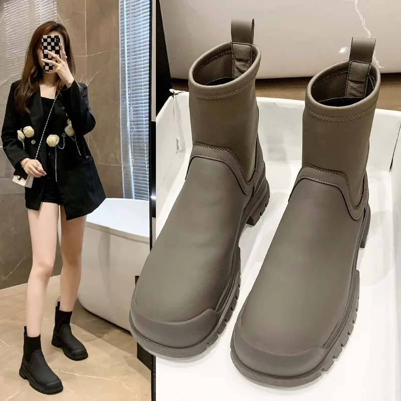 

2022 Autumn New Vintage Low Heel Round Head Sleeve Thin Martin Boots Women's Solid Elastic Fashion Short Boots