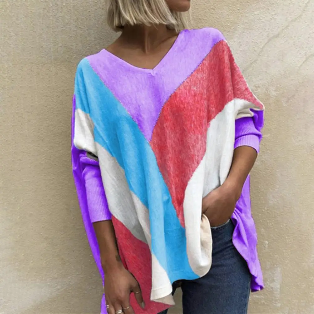 

Dropshipping!! Women Top Colorful Contrast Colors Patchwork V Neck Spring Shirt for Daily Wear