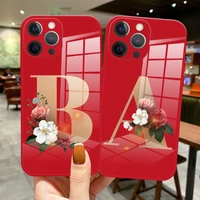 diy custom surname b a letter flower fashion phone case for iphone 13 pro max 12 pro max 12 pro 13 mini luxury red glass cover