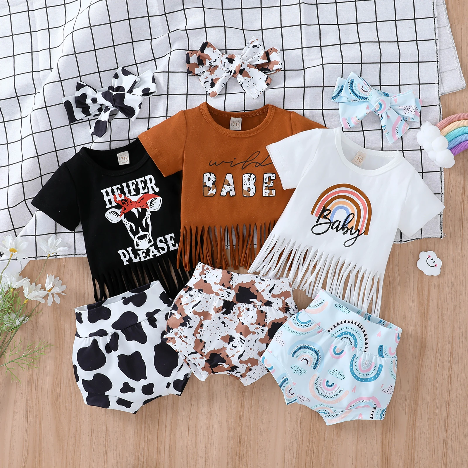 2022-04-13 Lioraitiin 0-24M Newborn Ifnant Baby Girl 3Pcs Fashion Set Cow/Letter/Rainbow Printed Tassel T Shirts+Shorts Headband