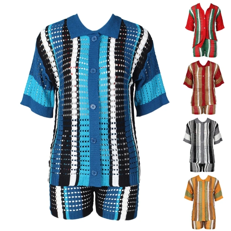 

2 Piece Outfits For Womens Knitted Outfit Sets Short Sleeve Button Down Shirts And Shorts Striped Tracksuit