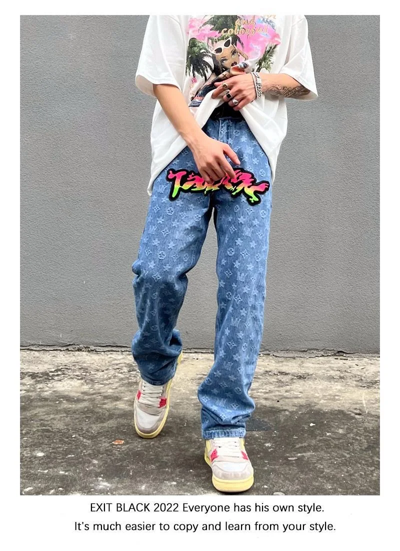 Джинсы мужские с градиентной вышивкой брендовые свободные прямые брюки в