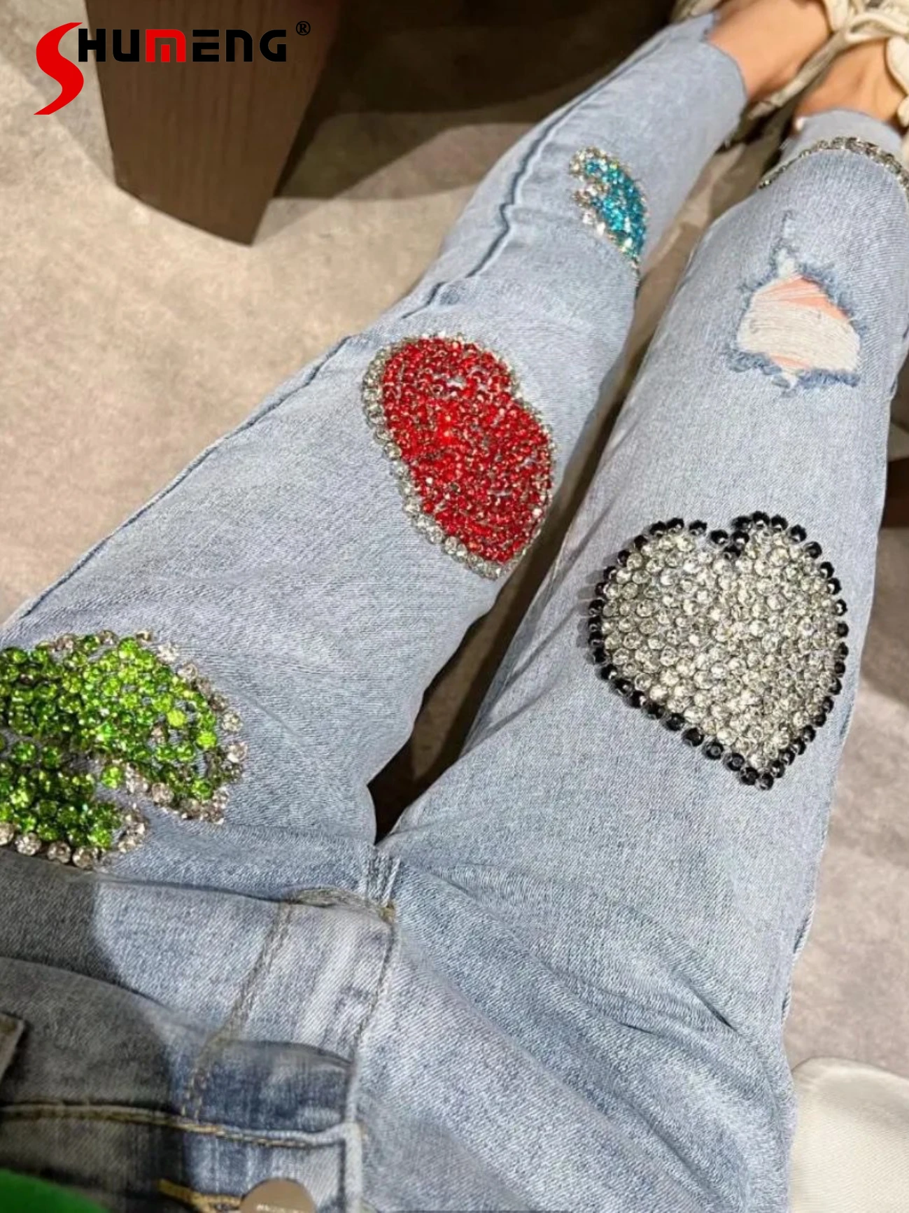 European Female Fashion Streetwear Elegant Jeans Women's 2022 Spring Beads Rhinestones Heart Shining Stretch Pencil Denim Pants