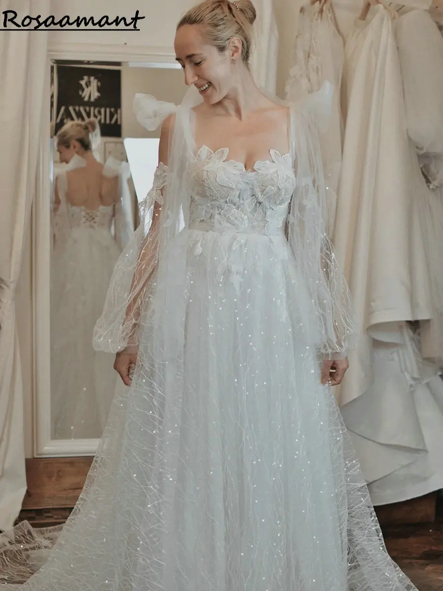 

Real Image Off The Shoulder Sequined Crystal Wedding Dresses A-Line Illusion Long Sleeve Appliques Lace Bow Boho Bridal Gowns