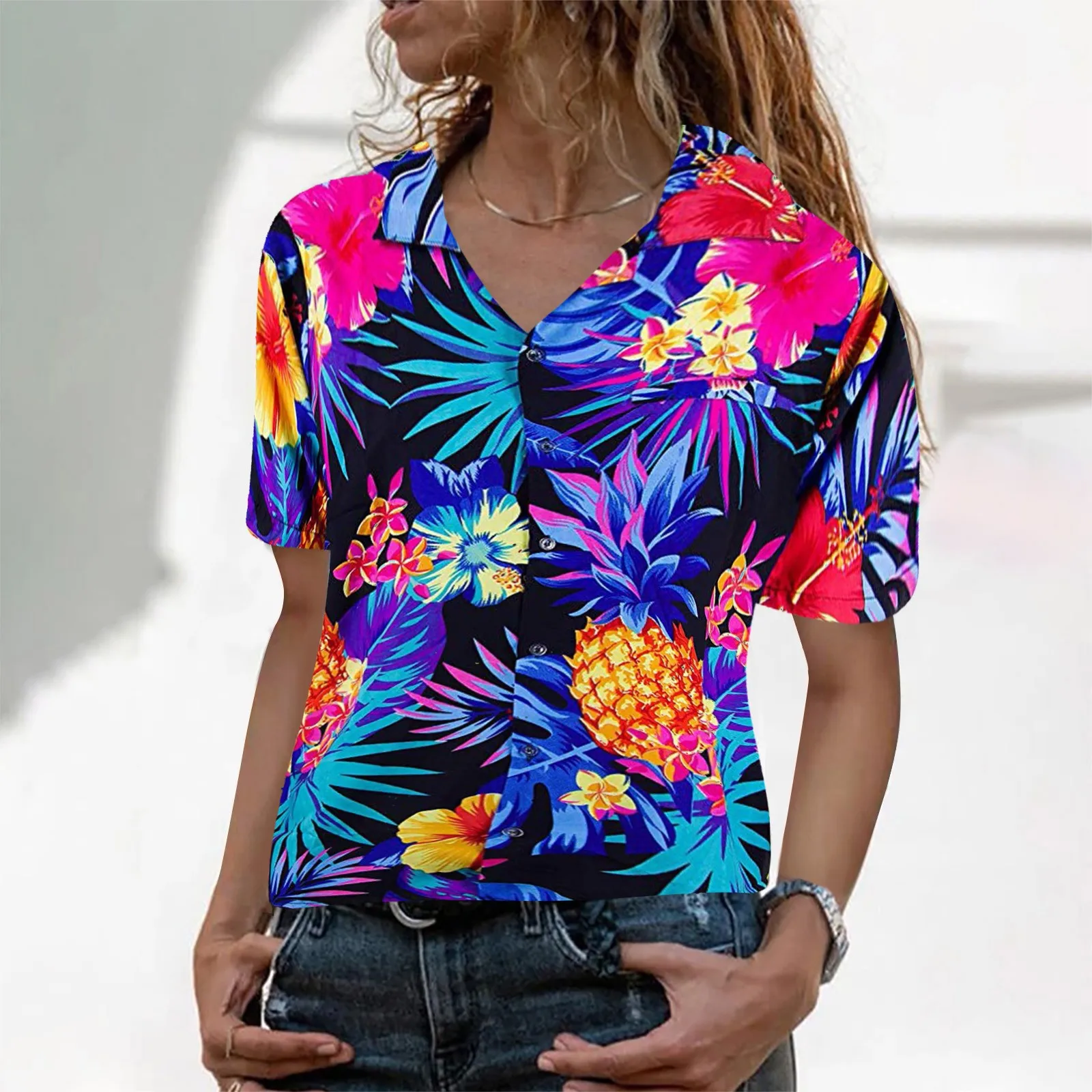 

Training Shirt Women Shirt Women'S Pineapple Flowers Funky Blouse Hawaiian Print Frontpocket Leaves Women Mid Drift Tops Women