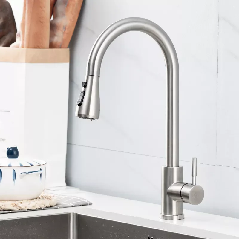 

Kitchen Faucets Brushed Nickel Pull Out Kitchen Sink Water Tap Mixer 360 Rotation Stream Sprayer Head Hot Cold Taps For kitchen