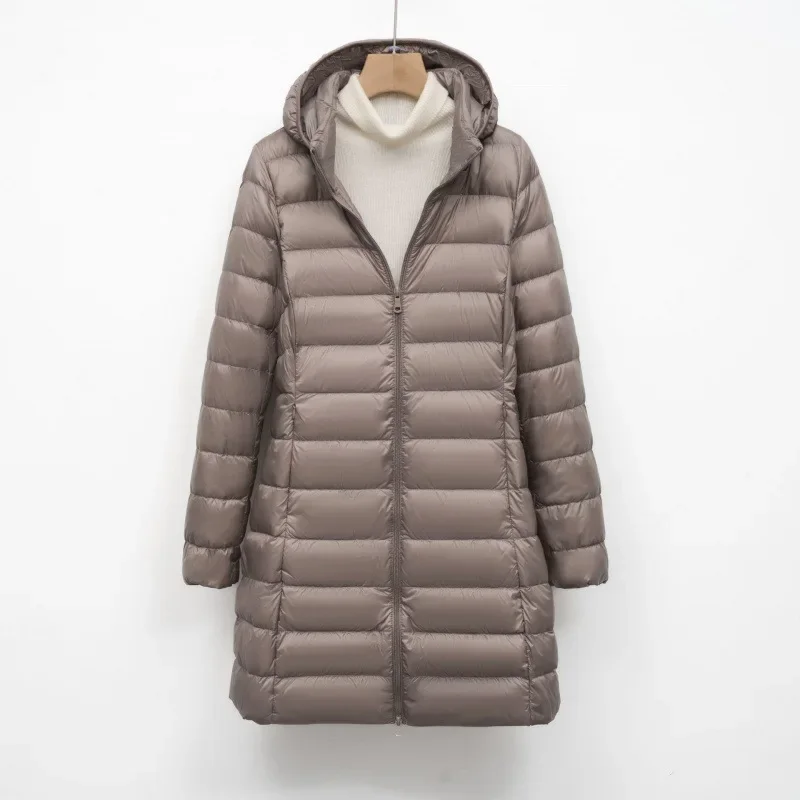 Winter Thinking Feather New Women's Solid Color Hooded Jacket Removable Cap Medium-Length Plus Size Down Coat Long Sleeves