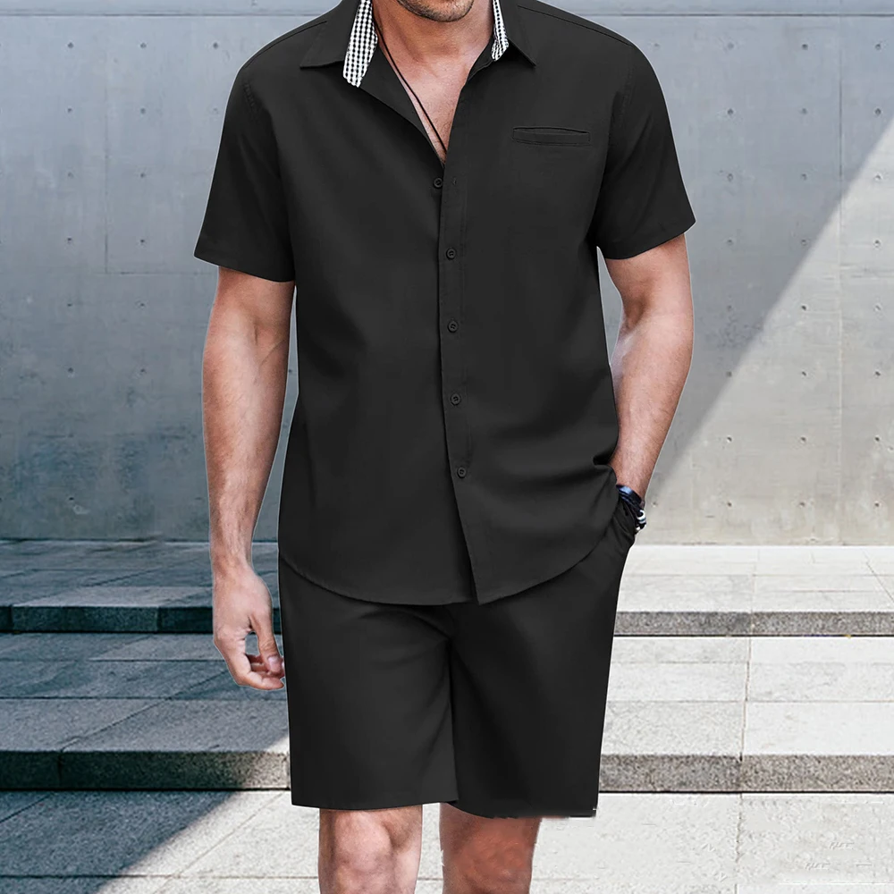 Summer Men's Solid Color Casual Suit Beach Vacation Wind Thin Section Fashion Short-sleeved Shirt Shorts Two-piece Suit for Men