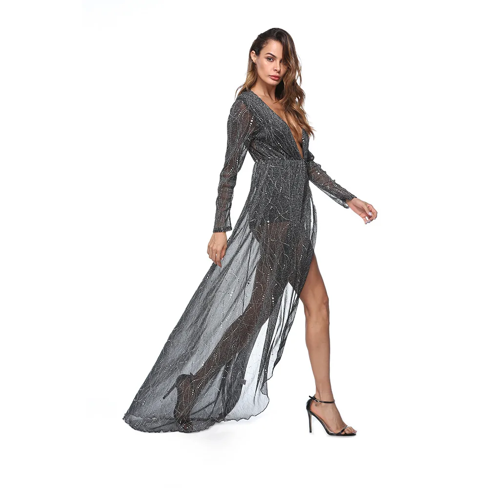Women's Sexy Long Dress Sequined Deep V-neck Long Sleeve See Through Mesh Shiny Club Party Dress Bodycon Cocktail Evening Gowns