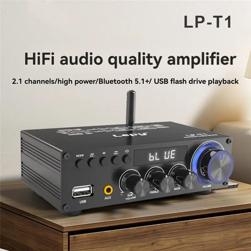 Фото Усилитель мощности Lepy LP-T1 30Wx2+60W 2.1-канальный с Bluetooth 5.1, коаксиальным и USB-входами, супербасом, сабвуфером, пультом ДУ, вилка стандарта США №2