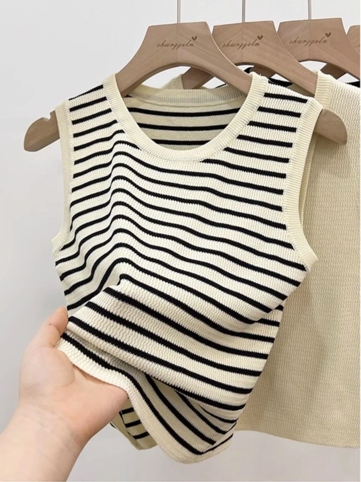 French sle Knitted Stripes Cami Women Inner wear Summer Outer Wear Plus size Chubby Girl Wide Sleeveless Ice Silk Base...