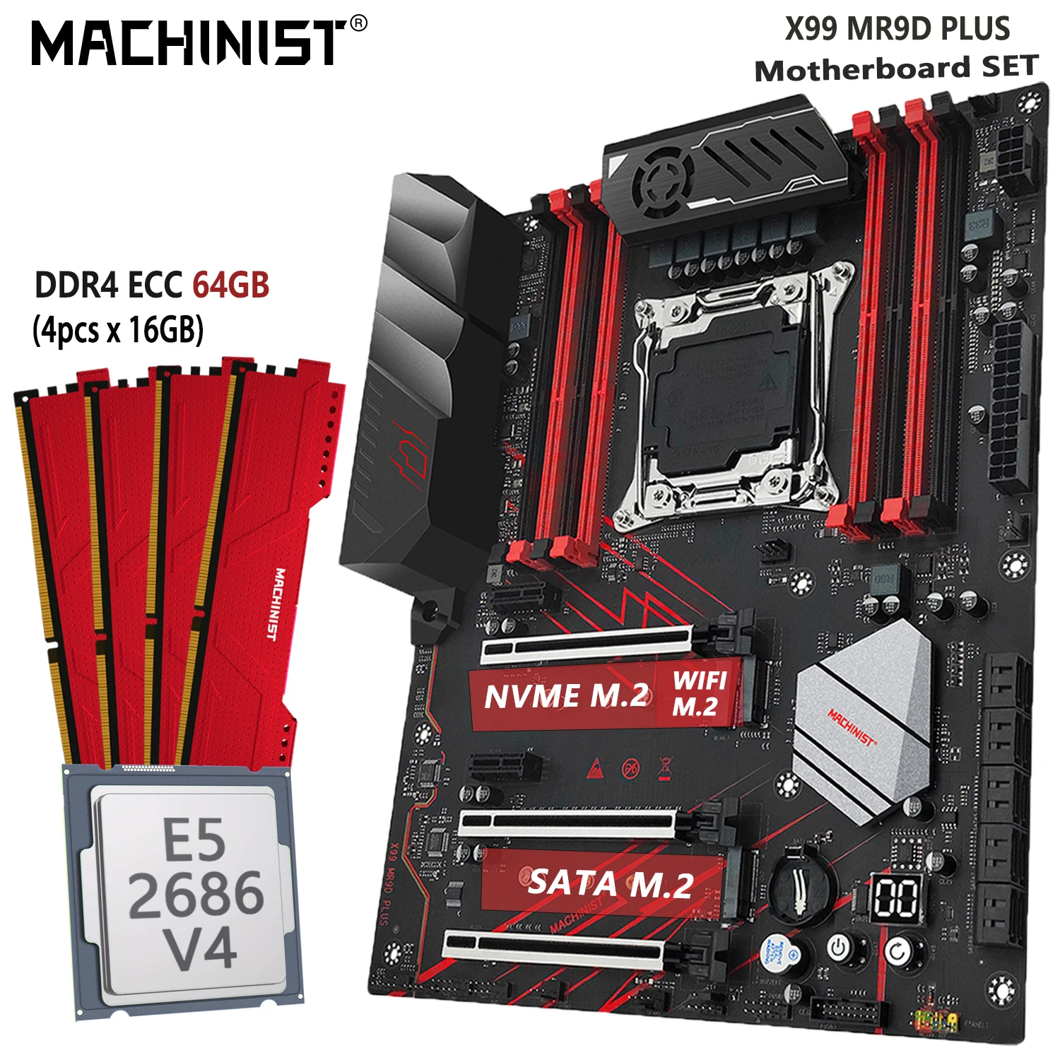 

Комплект материнской платы MACHINIST X99 LGA 2011-3, Intel Xeon E5 2686 V4 CPU 64 ГБ = 4*16 Гб DDR4 RAM ECC память SSD NVME M.2 MR9D Plus
