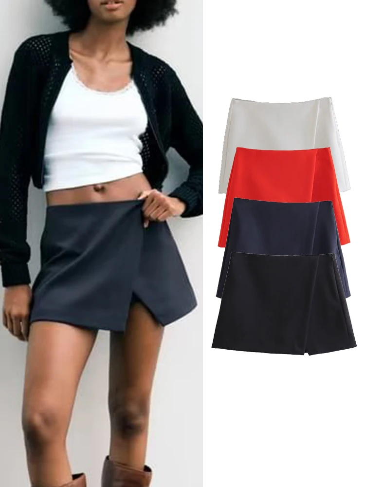 

TRAF Summer Casual Fashion Asymmetric Female Short Skirt High Waist Hem Fork Skort Skirt Vintage Side Zipper Elegant Skirts