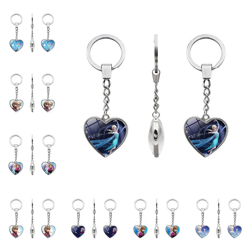 

Disney Cartoon Double-sided Heart Time Gem Keychain Elsa Anna Frozen Princess Series Bag Pendant Car Keychain Girl Birthday Gift
