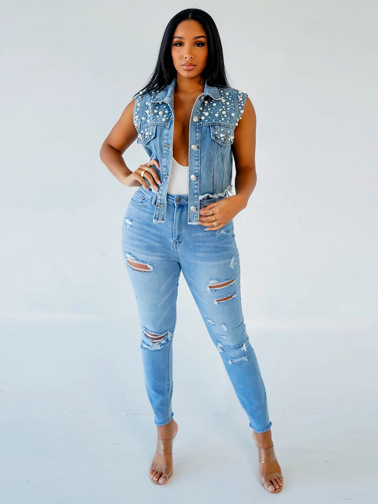 

Женская джинсовая куртка, повседневная короткая куртка с отложным воротником и бусинами, джинсовая жилетка в уличном стиле, лето 2022