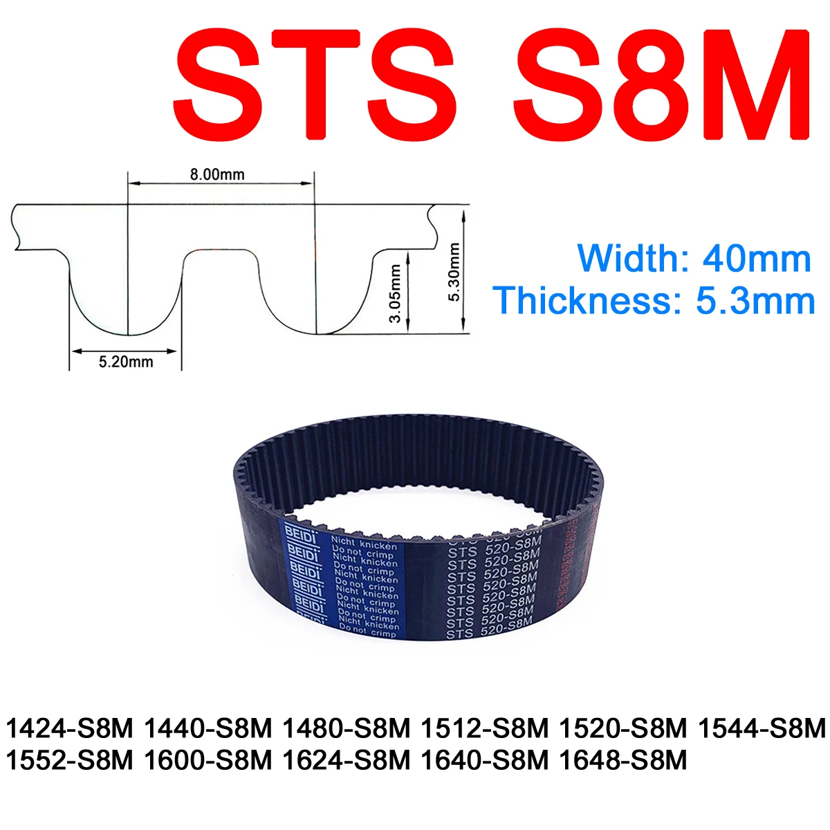 

1Pc Width 40mm S8M Rubber Arc Tooth Timing Belt Pitch Length 1424 1440 1480 1512 1520 1544 1552 1600 1624 1640 1648mm Drive Belt