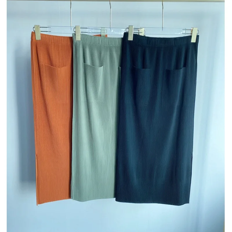 Miyake pleated women's fashion skirt solid color thickened slim pocket mid-length pleated skirt