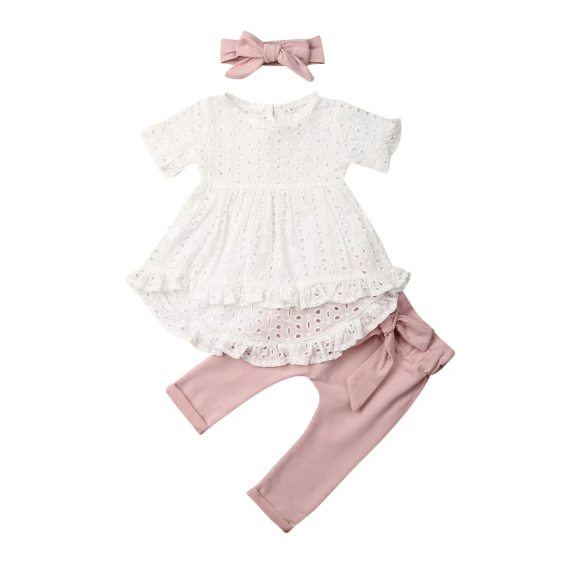 

Summer 3Pcs Newborn Infant Baby Girl Clothes White Top T-Shirt Dress Bowknote Pants Outfit Set