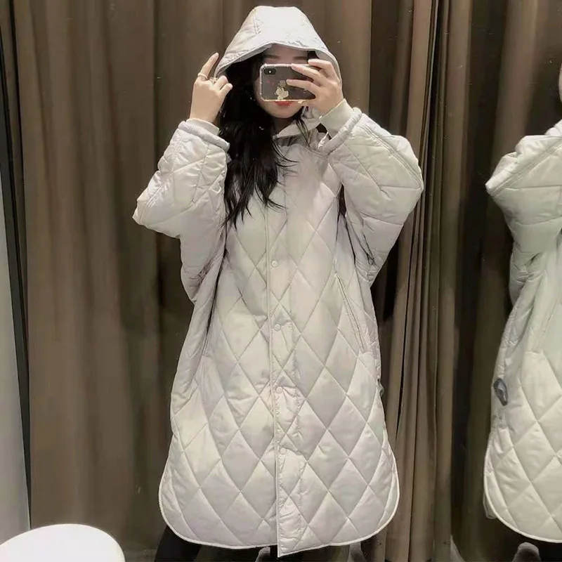 

Winter Womens Coat Long Hooded Long-sleeved Single-breasted Loose Warm Fashion Cotton-padded Jacket Women