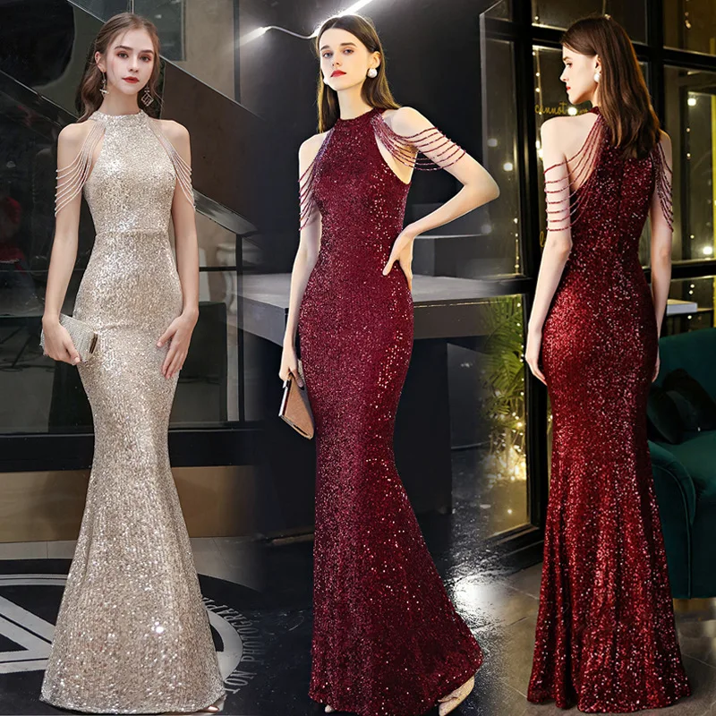 

Women Elegant Halter Off Shoulder Beaded Sequin Maxi Dress Sexy Evening Party Glitter Bodycon Mermaid Dress Vestidos