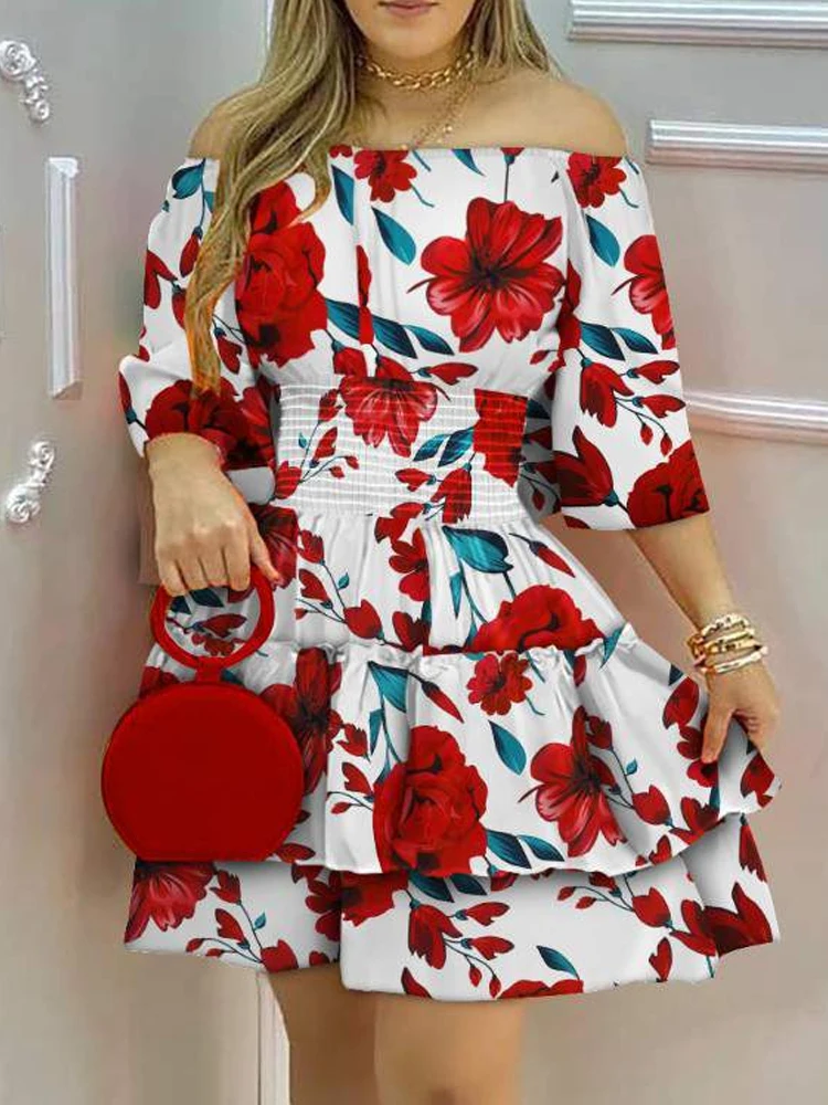 

Women 3/4 Sleeve Waisted Layered A-Line Dress Lady Floral Print Female Mini Dress Chic Summer Flower Print Off Shoulder Dress