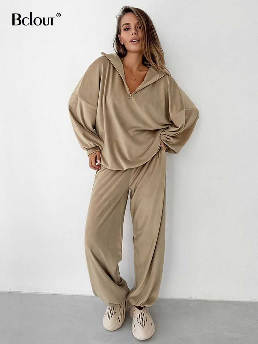 

Bclout осенние свободные бархатные брюки, комплект из двух предметов, женская мода, воротник-стойка, хаки, толстовки, уличная одежда, брюки с широкими штанинами, костюмы