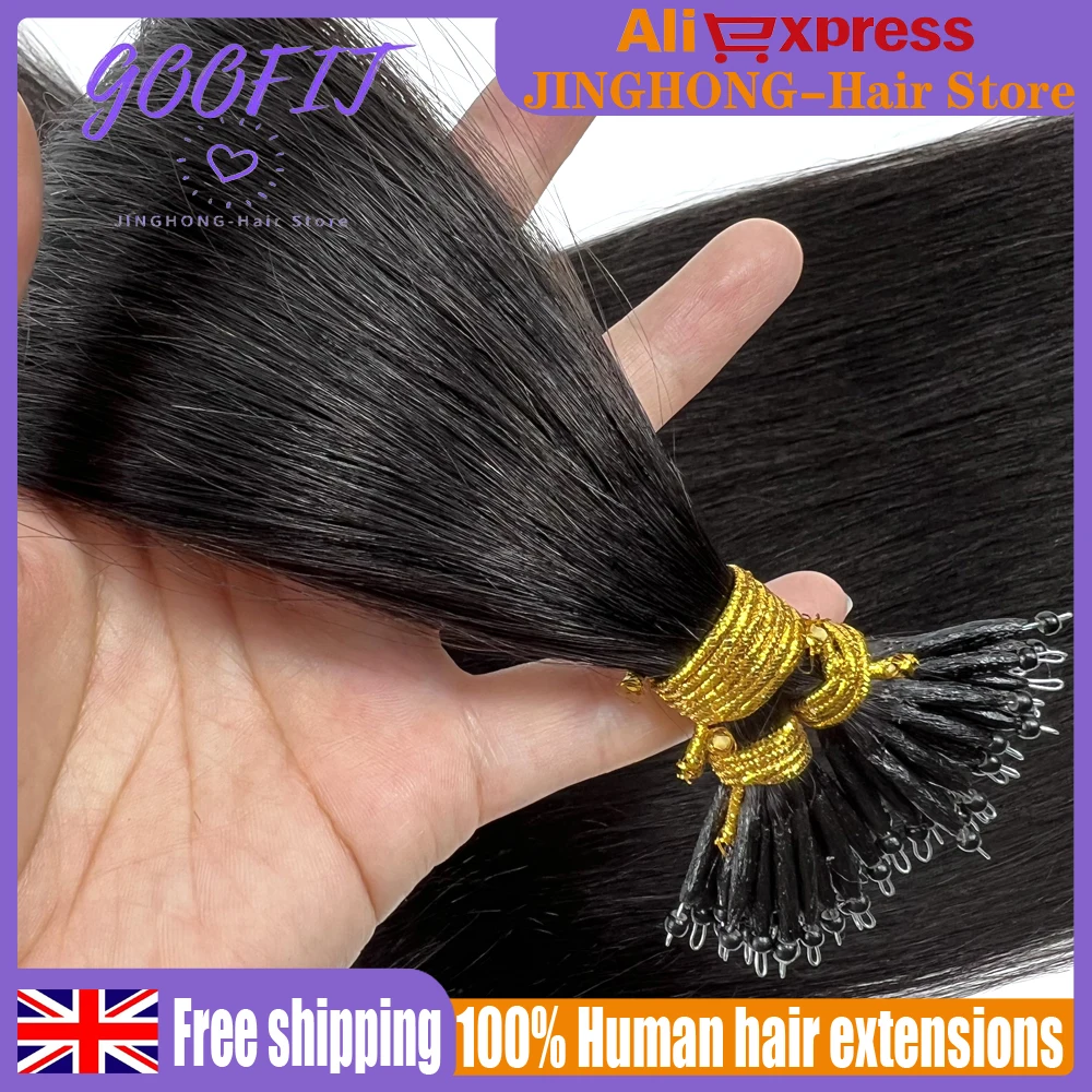 

GOOFIT 100% Remy Human Hair Extensions Tip Nano Ring Micro Beads Double Drawn #1B Natural Black Real Hair Extensions 14"-24"