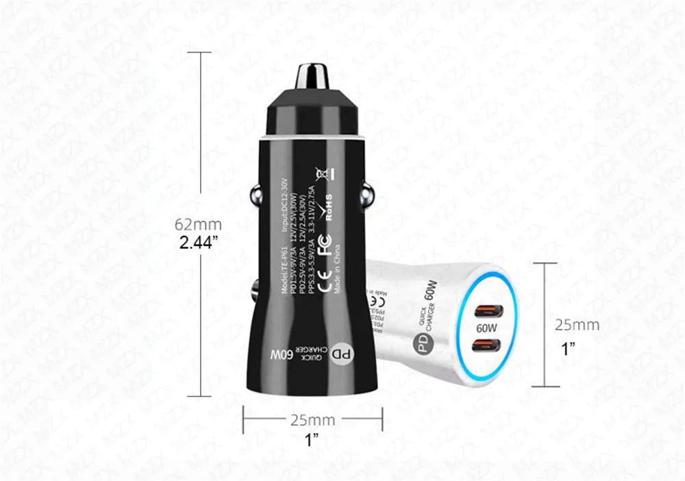 Автомобильное зарядное устройство MZX 60W48W30W с двумя портами USB-A и Type-C, быстрая зарядка PD, 12V24V, для прикуривателя, QC 3.0 (art.: 3920da201ce74) - 3920da201ce74