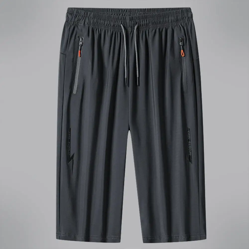 

Sport Trousers Ice Silk Jogging Running Men Summer Sweatpants Zipper Pocket Deep Crotch Men Cropped Pants Male Clothing
