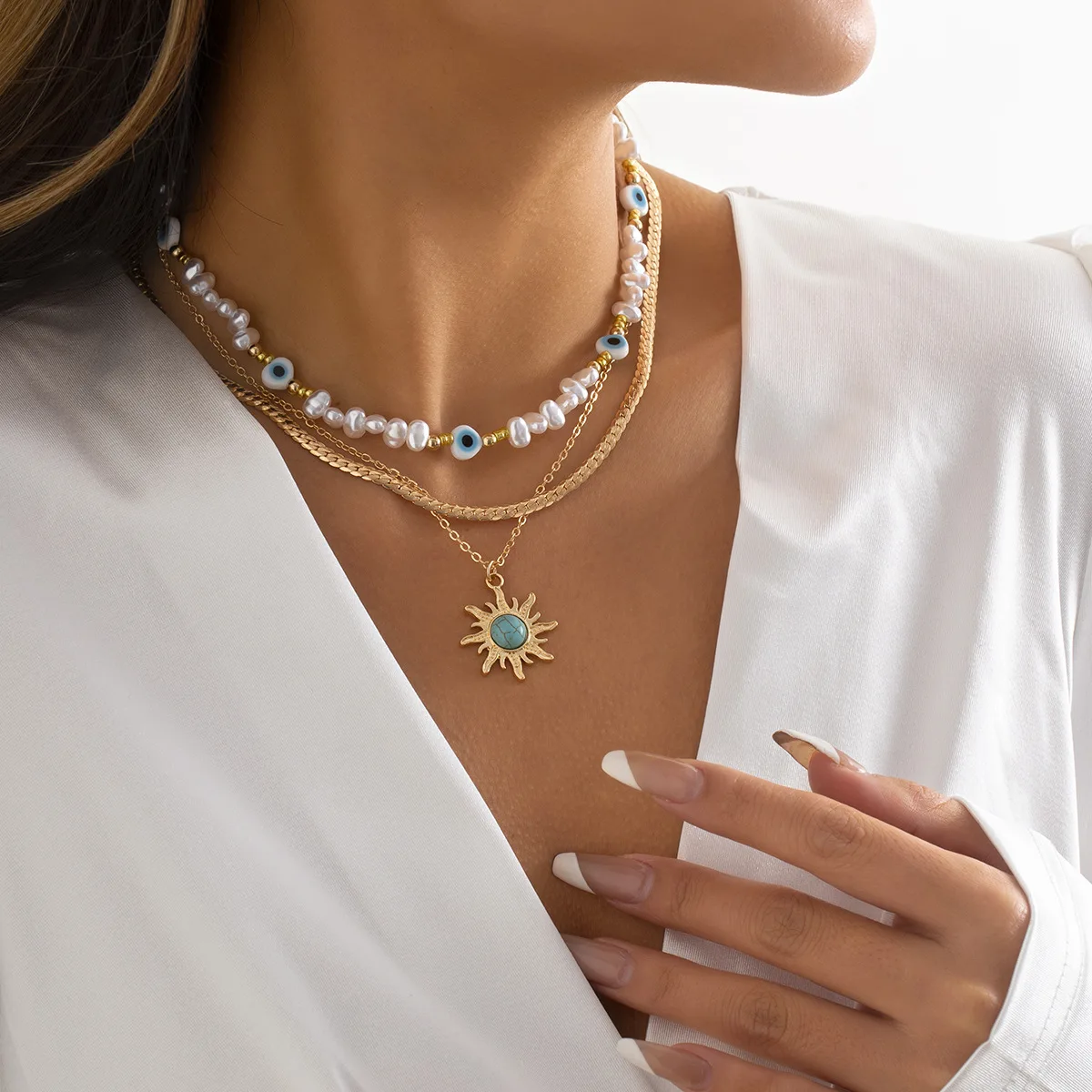 

Ethnic Turkish Jewelry Evil Eye Necklace Women Imitation Pearl Beaded Necklace For Women Sun Flower Necklace Spiritual
